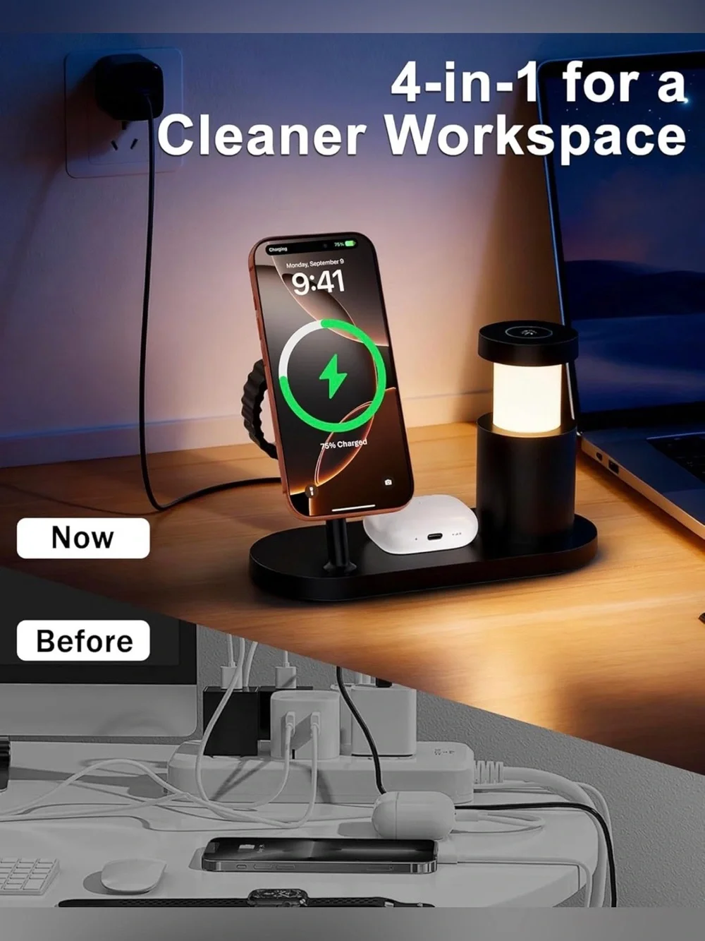 4-in-1 Wireless Charging Station with Night Light for IPhone, IWatch & AirPods